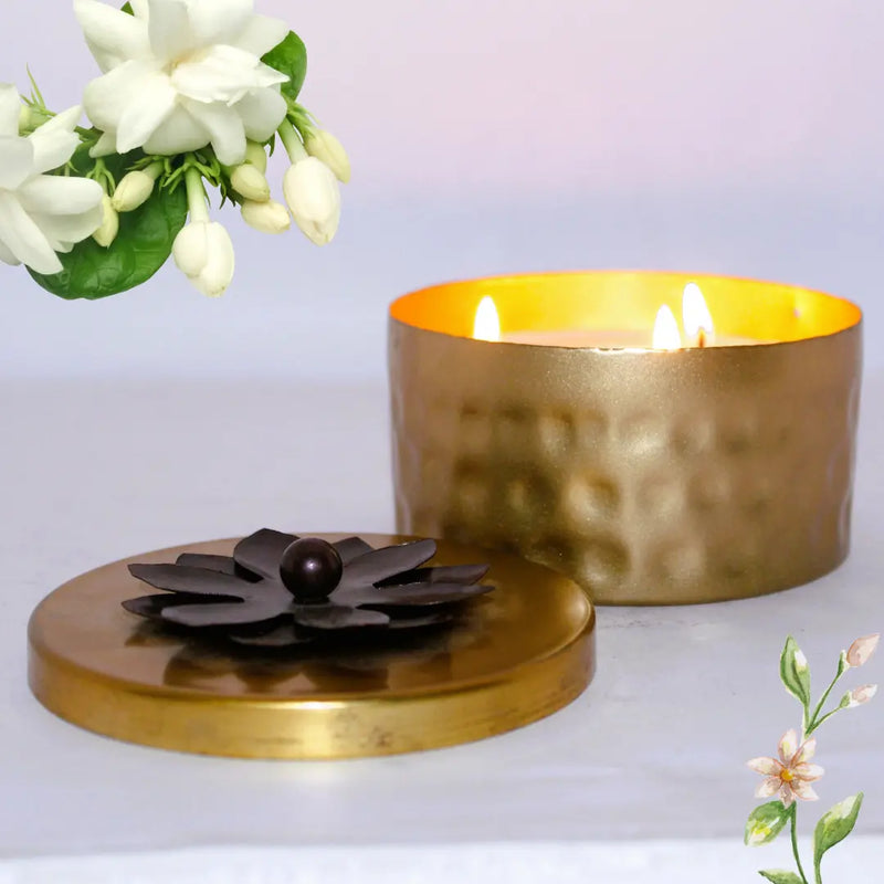 Premium Luxury Antique Metal Aroma Candle with Flower Lid | 200g