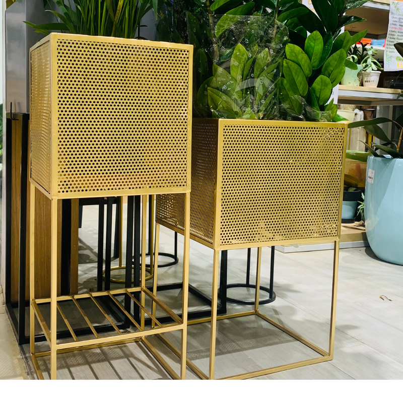 Metal Planter with Stand Golden Square Ambergold  ZXDI09 Set of 2