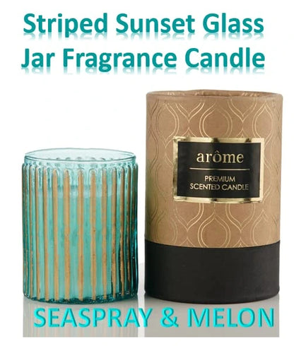 AROME Striped Sunset Glass Jar Scented Candle (Sea Spray and Melon) 250gms