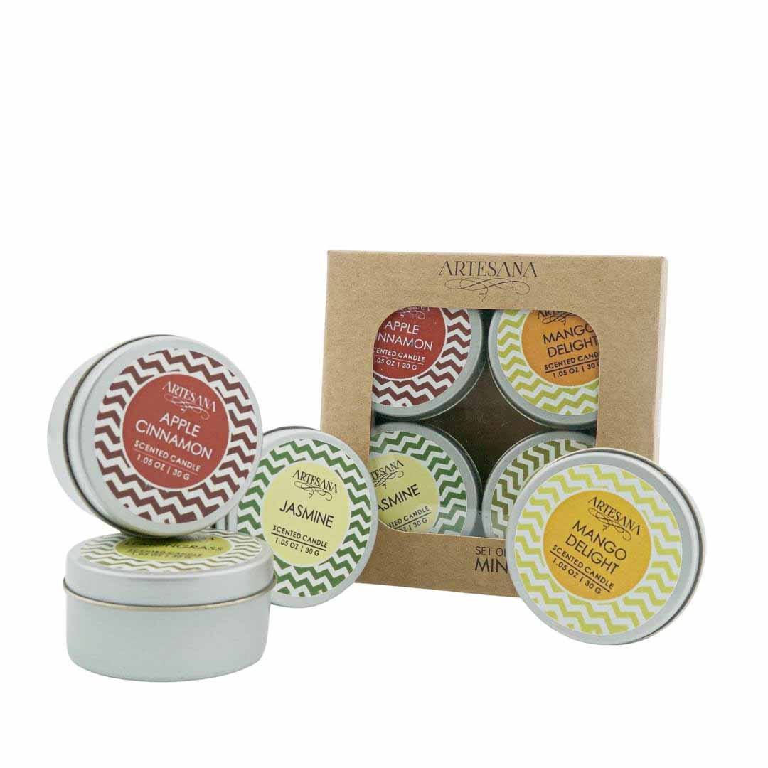 Aroma Candle Set of 4 Tin Pack 30g Each Assorted Fragrances. Apple Cinnamon, Jasmine, Mango Delight, Lemongrass