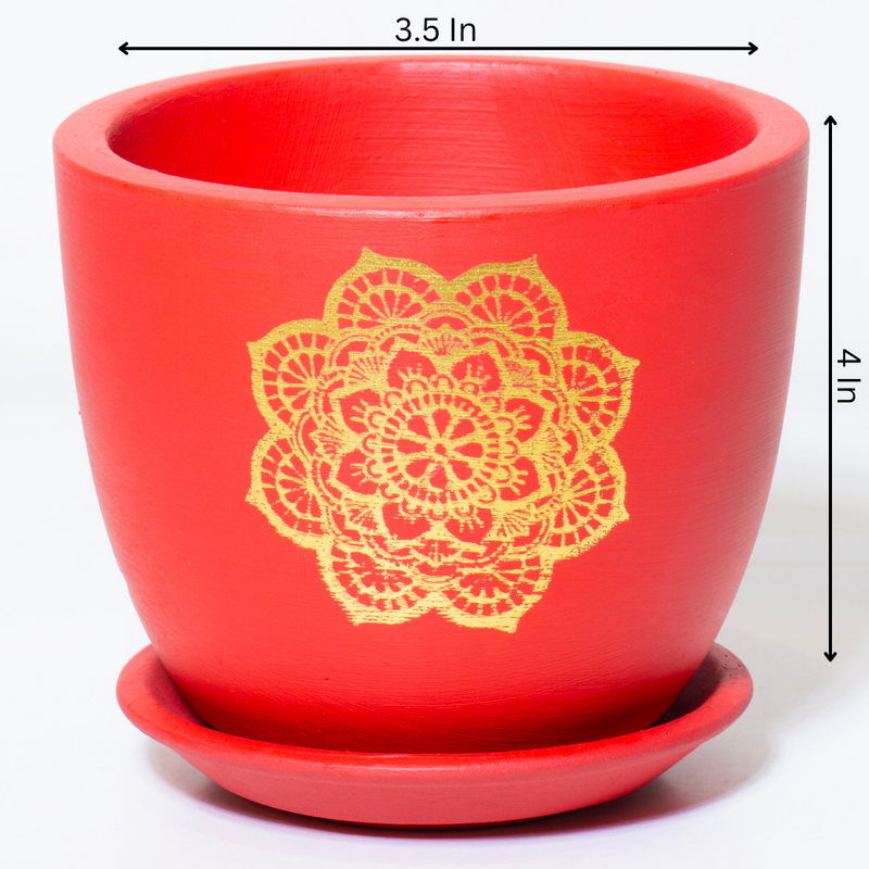 Terracotta Pot with Plate 4 Inch Handprinted Mandala Art TPPMCOL4