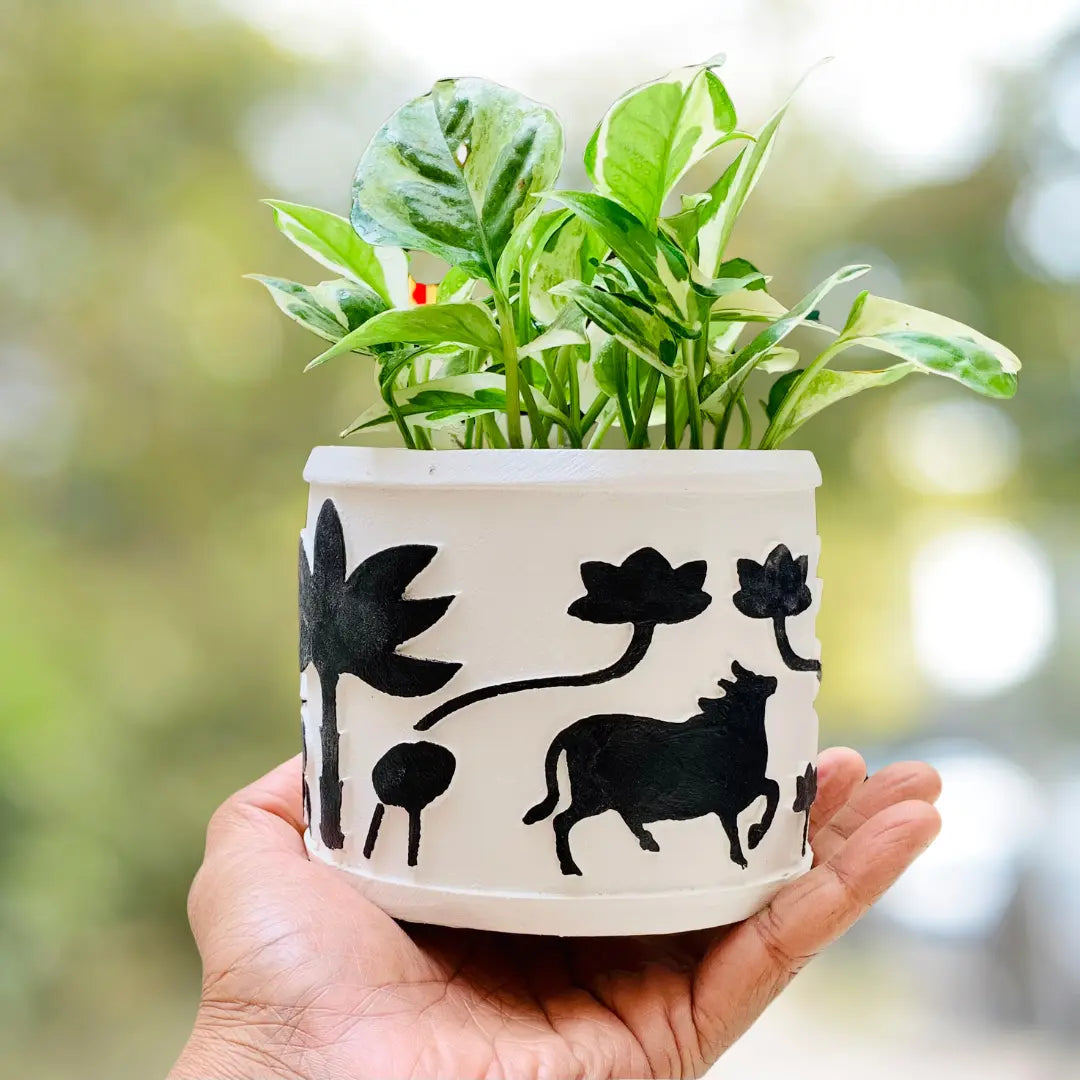 Handcrafted 5" Embossed Cement Planter Pot